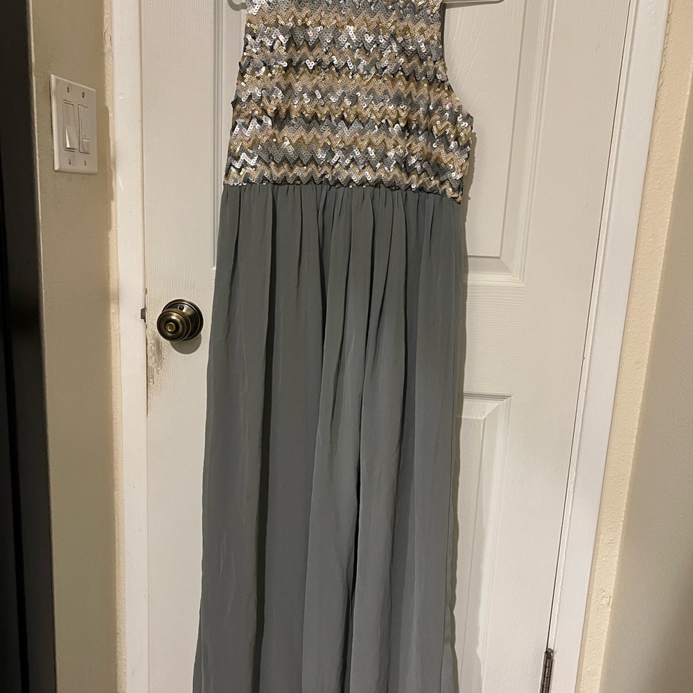 Silver and Gray Chevron Sequin Maxi Dress